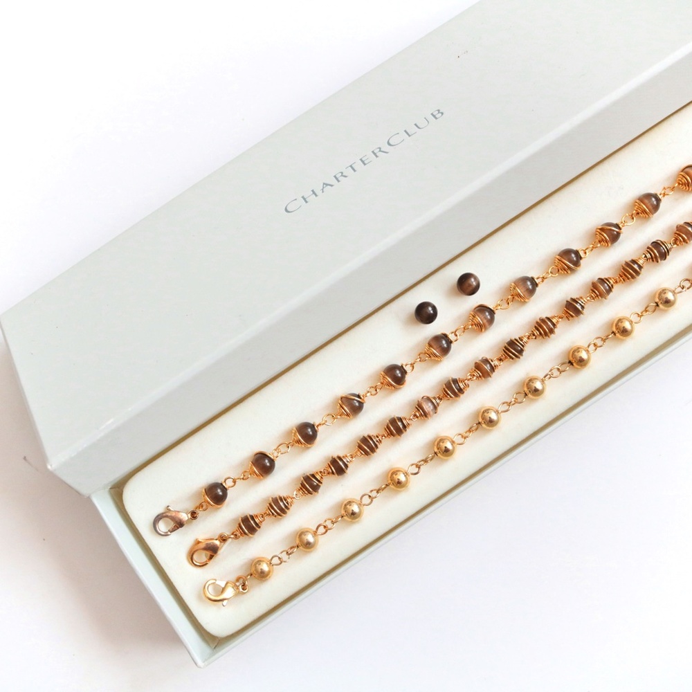 Charter Club Gold Brown Bead Bracelets Earrings Set